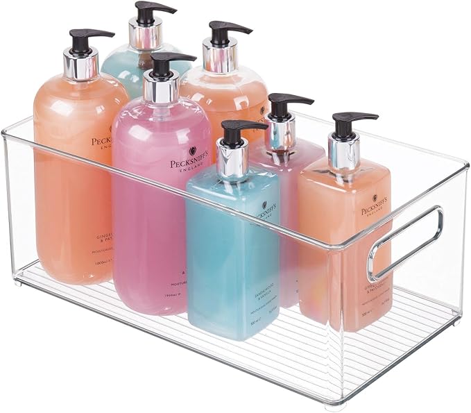 mDesign Deep Plastic Storage Organizer Container Bin, Bath and Shower Organization for Cabinet, Cupboard, Shelves, Counter, or Closet - Holds Shampoo, Vitamins, Ligne Collection, 2 Pack, Clear