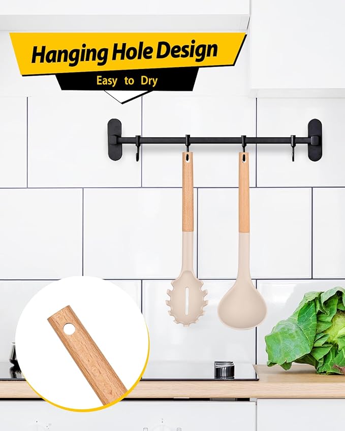 Silicone Pasta Fork and Ladle Spoon Set with Wooden Handle, Heat Resistant Non Stick Kitchen Utensils for Cooking, Stirring, Serving Spaghetti, Soup, Sauce(KHAKI)
