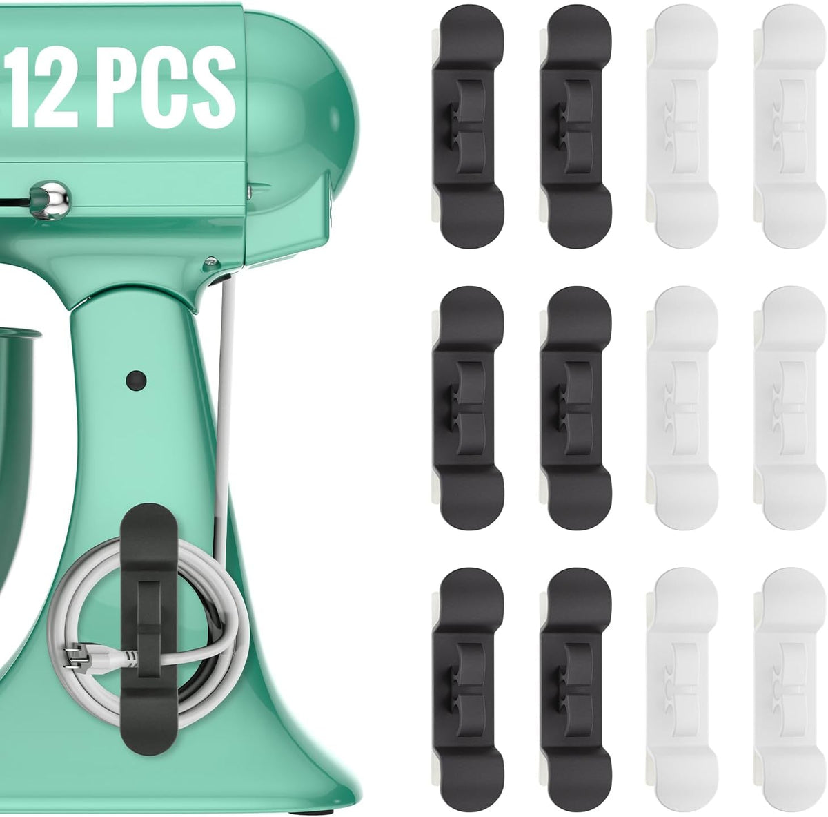 12PCS Cord Organizer for Appliances, Upgraded Kitchen Appliance Cord Wrap, Cord Holder Stick on Pressure Cooker, Coffee Maker, Air Fryer and Blender(6 Black + 6 White)