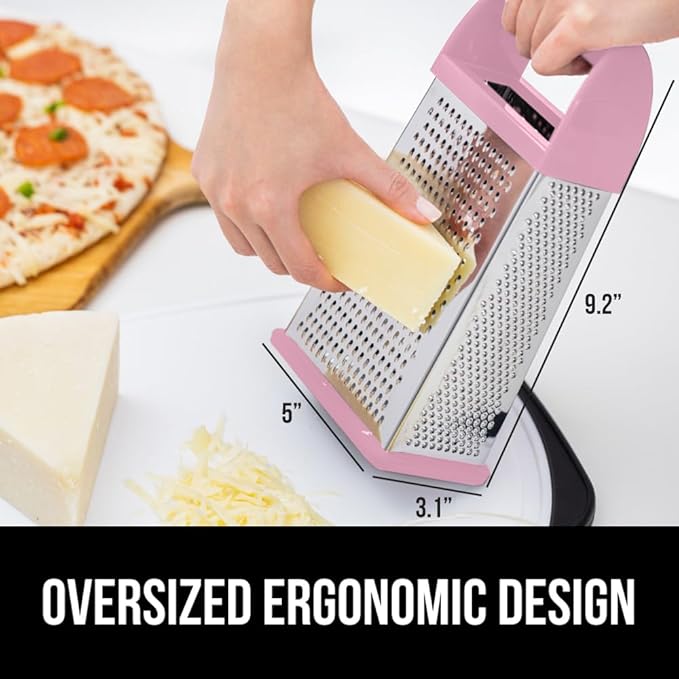 GORILLA GRIP 4-Sided 100% BPA-Free Cheese Grater With Container, Stainless Steel XL Box Graters, Parmesan Shredder, Grate Cheeses, Shred Veggies, Slip Resistant Handle, Dishwasher Safe Zester, Pink