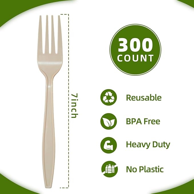 300 Count Compostable Forks, Light Brown Disposable Forks, Heavy Duty No Plastic Silverware, Compostable Utensils for Party, Eco Friendly & Heat Resistant