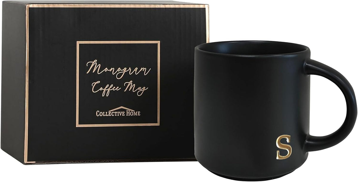 COLLECTIVE HOME - Black Monogram Ceramic Mugs, 15 oz Golden Initial Coffee Cups, Elegant Alphabet Tea Mugs, Personalized Halloween Mug with Gift Box, Perfect for Office and Home Décor (s)