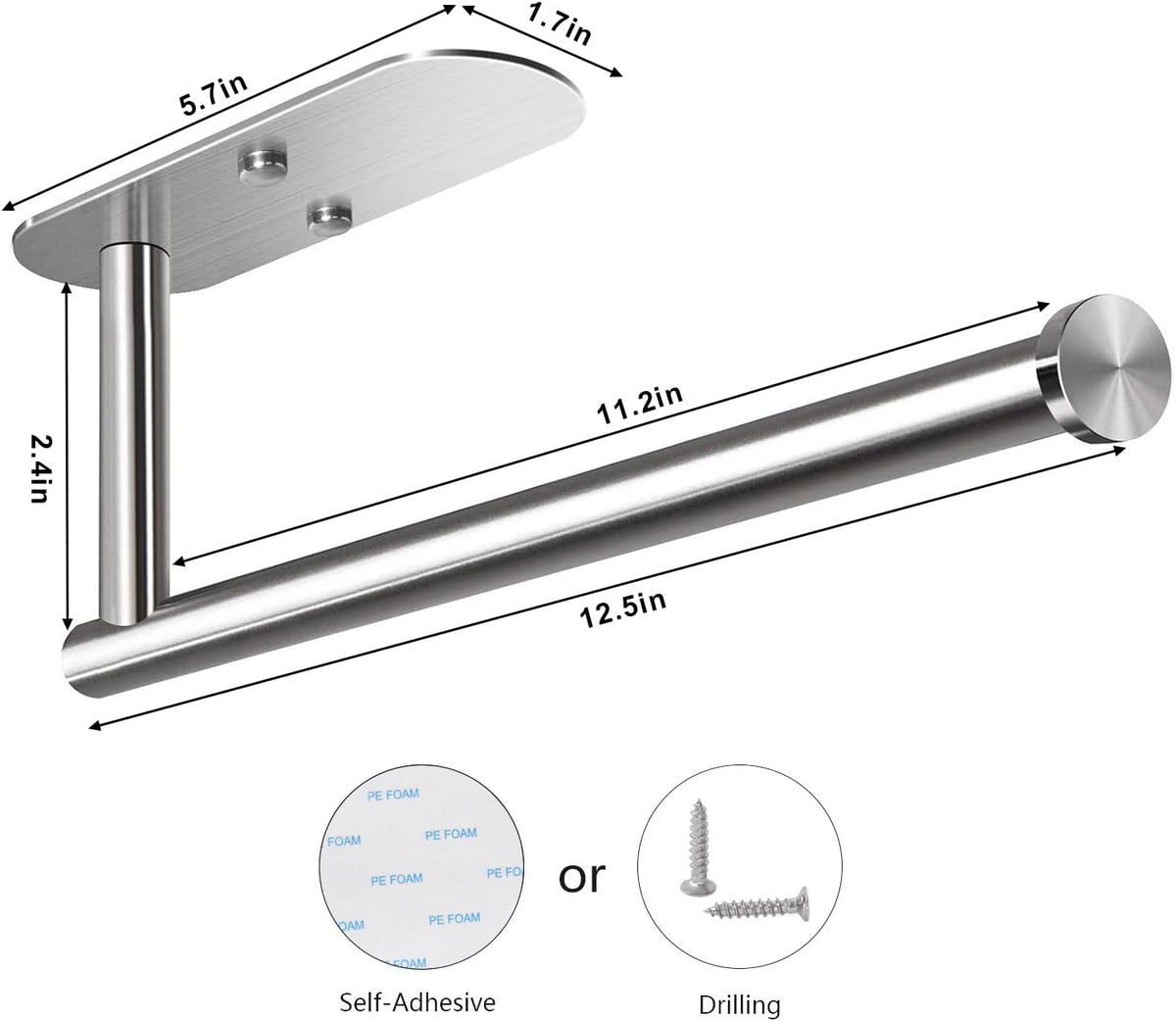 VAEHOLD Adhesive Paper Towel Holder Under Cabinet Mount, Wall Mounted Paper Towel Roll Holder for Kitchen Paper Towel, Stainless Steel（Silvery）