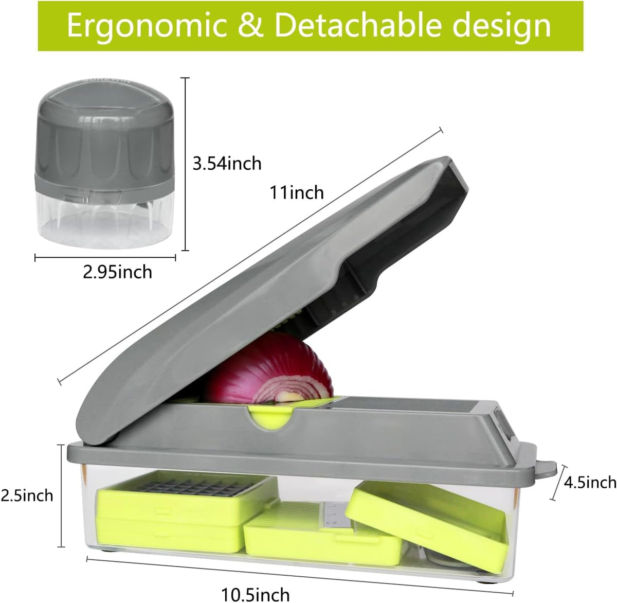 LHS Vegetable Chopper, Multifunctional Food Chopper, Pro Onion Chopper, Vegetable Slicer Dicer Cutter with 5 Blades, Veggie Chopper with Container, 3 in 1 Spiralizer Included(9-in-1,Grey)
