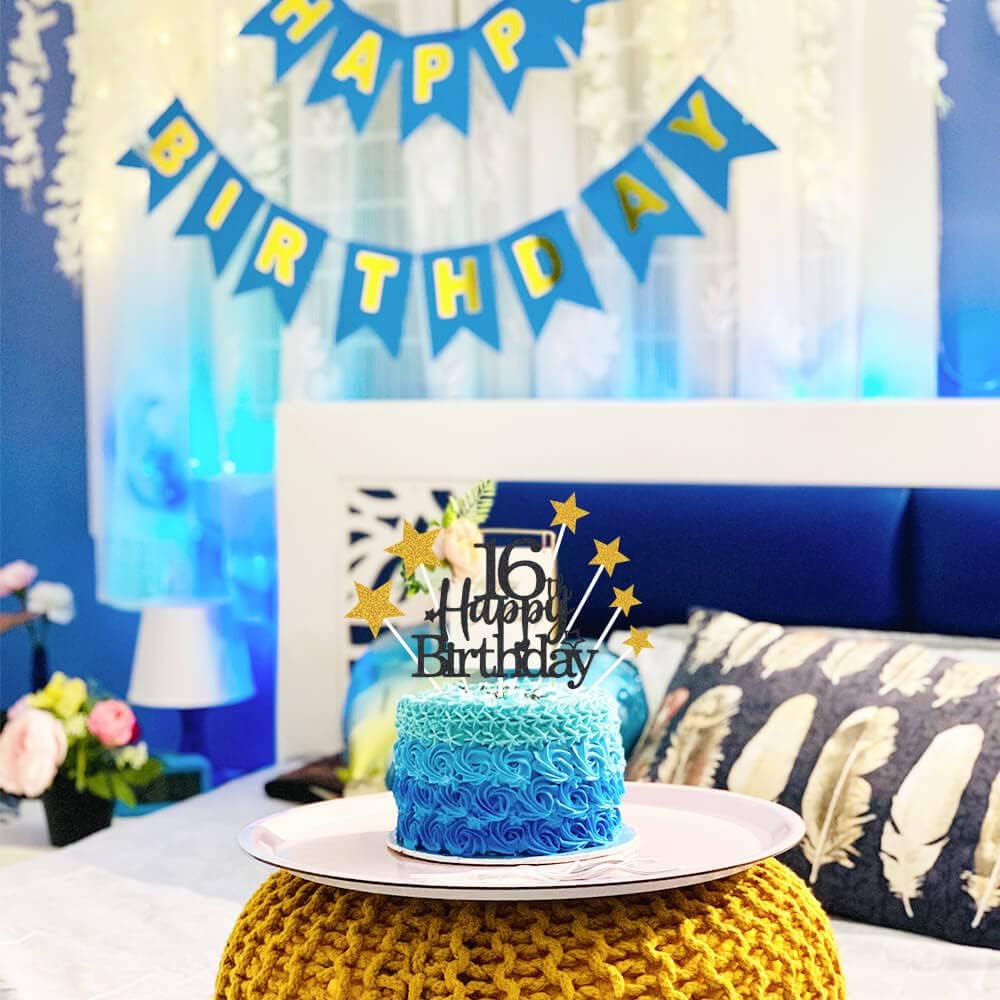 Glittery 16th Happy Birthday Cake Topper with Star,Personalised 16 Birthday Cake Toppers Party Decorations Party Supplies for Boys Girls Black Gold