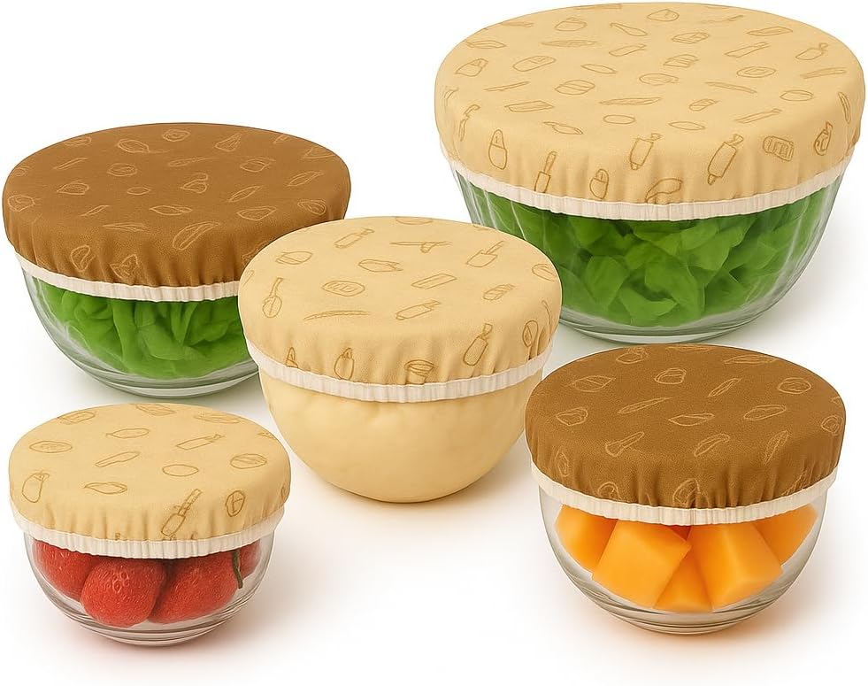 Beeswax Bowl Covers Set of 5 – Reusable Elastic Bowl Covers for Dough Proofing, Salad & Fruit Storage – Washable, Eco-Friendly Food Storage Alternative to Plastic Wrap