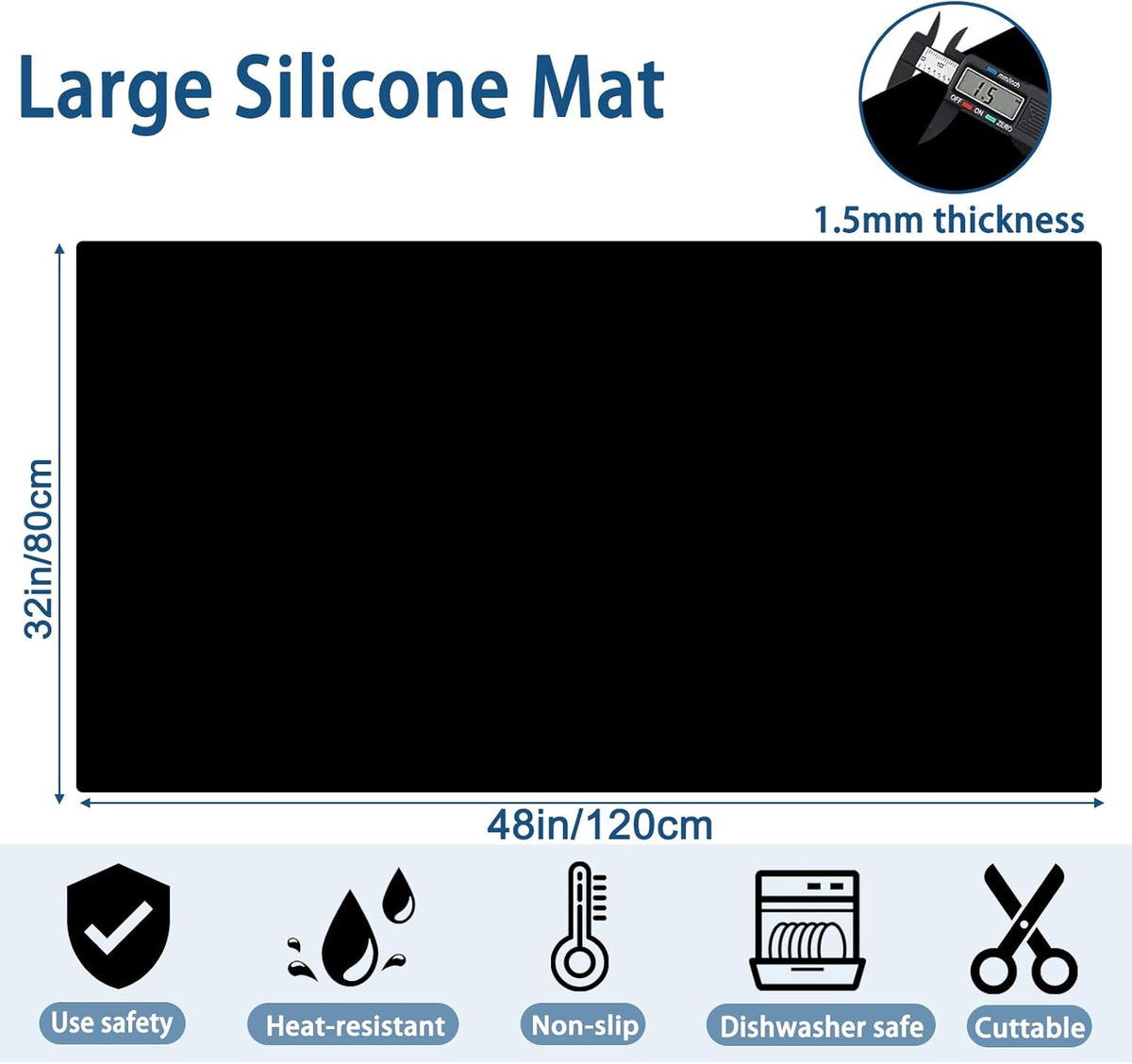 Large Silicone Mat, 48"x32"(120cmx80cm) Silicone Mats for Kitchen Counter, Non-Slip Heat Resistant Mat, Waterproof Countertop Protector for Craft, Dark Gray