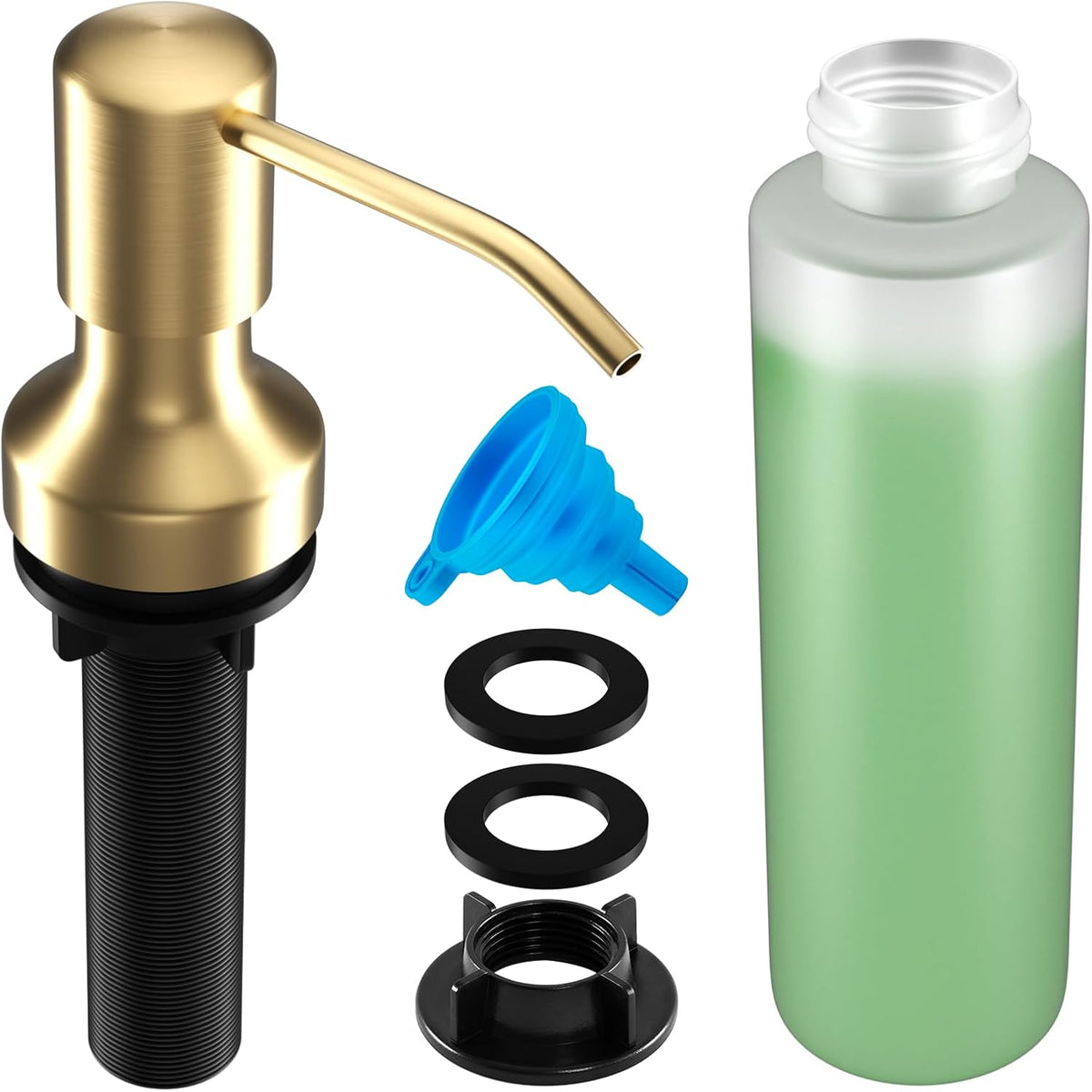 Soap Dispenser for Kitchen Sink, Kitchen Sink Soap Dispenser with 17 OZ Bottle, Refill from The Top Bar, Longer Threaded Shaft Shank, Wide Pump Head Base (Golden)
