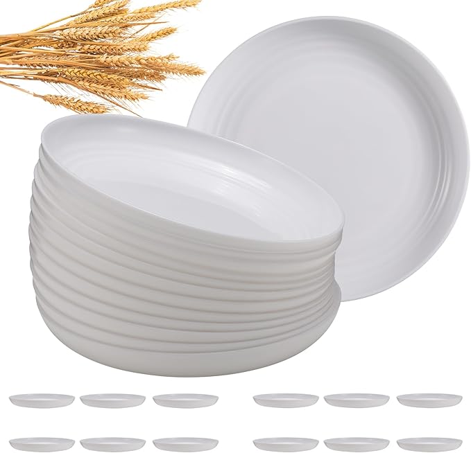 12 Pcs Unbreakable Deep Dinner Plates Set, 10 inch Reusable Plastic Wheat Straw Plates, Microwave and Dishwasher Safe Plate for Kitchen, Lightweight Plate for Dessert, BPA Free, White