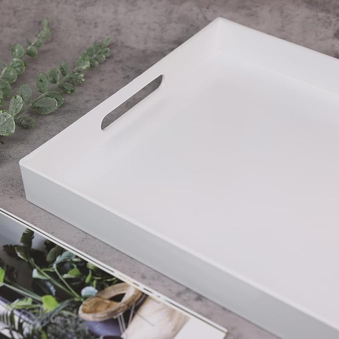 White Serving Tray for Coffee Table, Rectangular Plastic Decorative Tray with Handles for Entertaining, Outdoor Patio, Living Room, Ottoman, Bathroom Counter, 11.8”*15.7”*1.6”