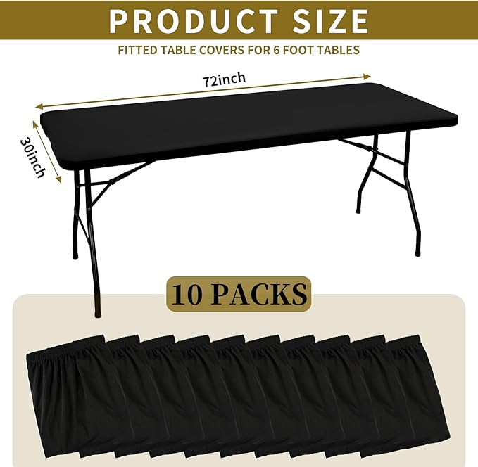 10 Pack Stretch Fabric Table Top Cap Cover, fits 6' Tables, Spandex Table Covers Washable Elastic Universal Rectangle Tablecloth Protector for Indoor Outdoor Party Picnic Wedding, Black, 30" W x 72" L