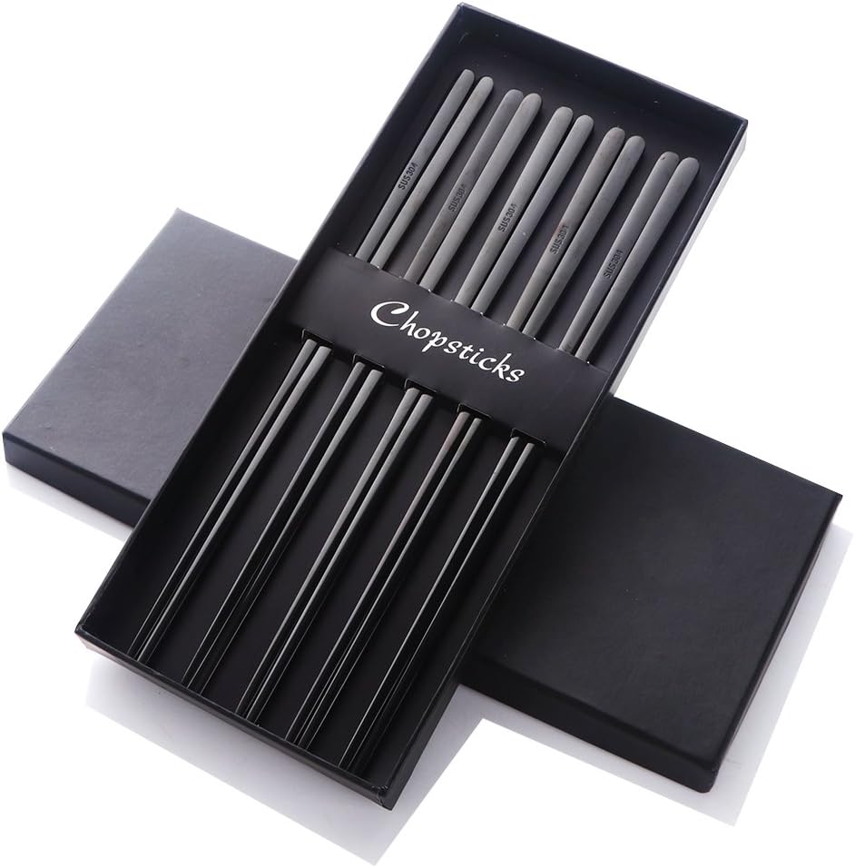 Buyer Star 5 Pairs Black Flat Reusable Metal Chopsticks - Stainless Steel Chinese Set With Case