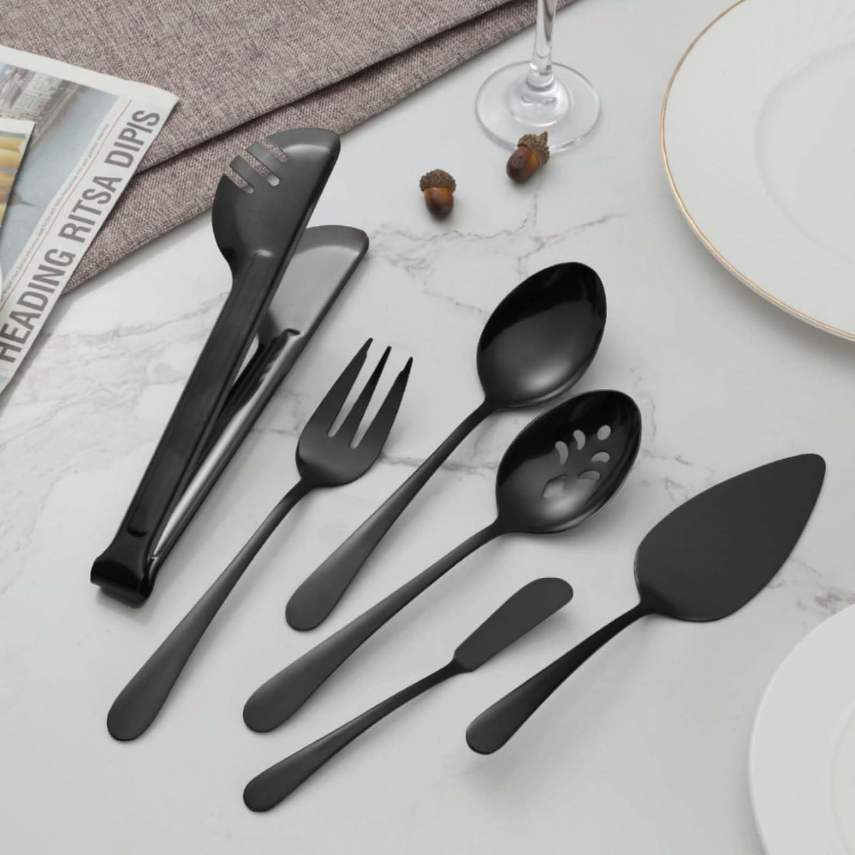 BEWOS Black 20-Piece Serving Set, Black Slotted Spoons & Tongs, Forks, Cake Server & Butter Knife, Stainless Steel, Dishwasher Safe