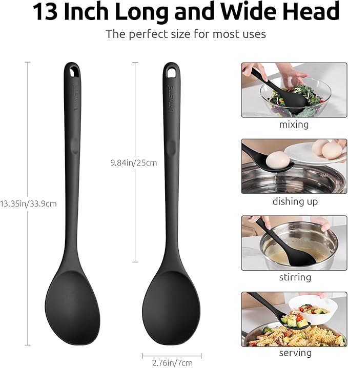 600ºF Heat Resistant Silicone Spoon: U-Taste 13.3in Solid Kitchen Cooking Spoon, Nonstick Food Grade Large & Long Soup Rubber Utensil for Mixing, Serving, Stirring, Basting, for Pot Cookware (Black)