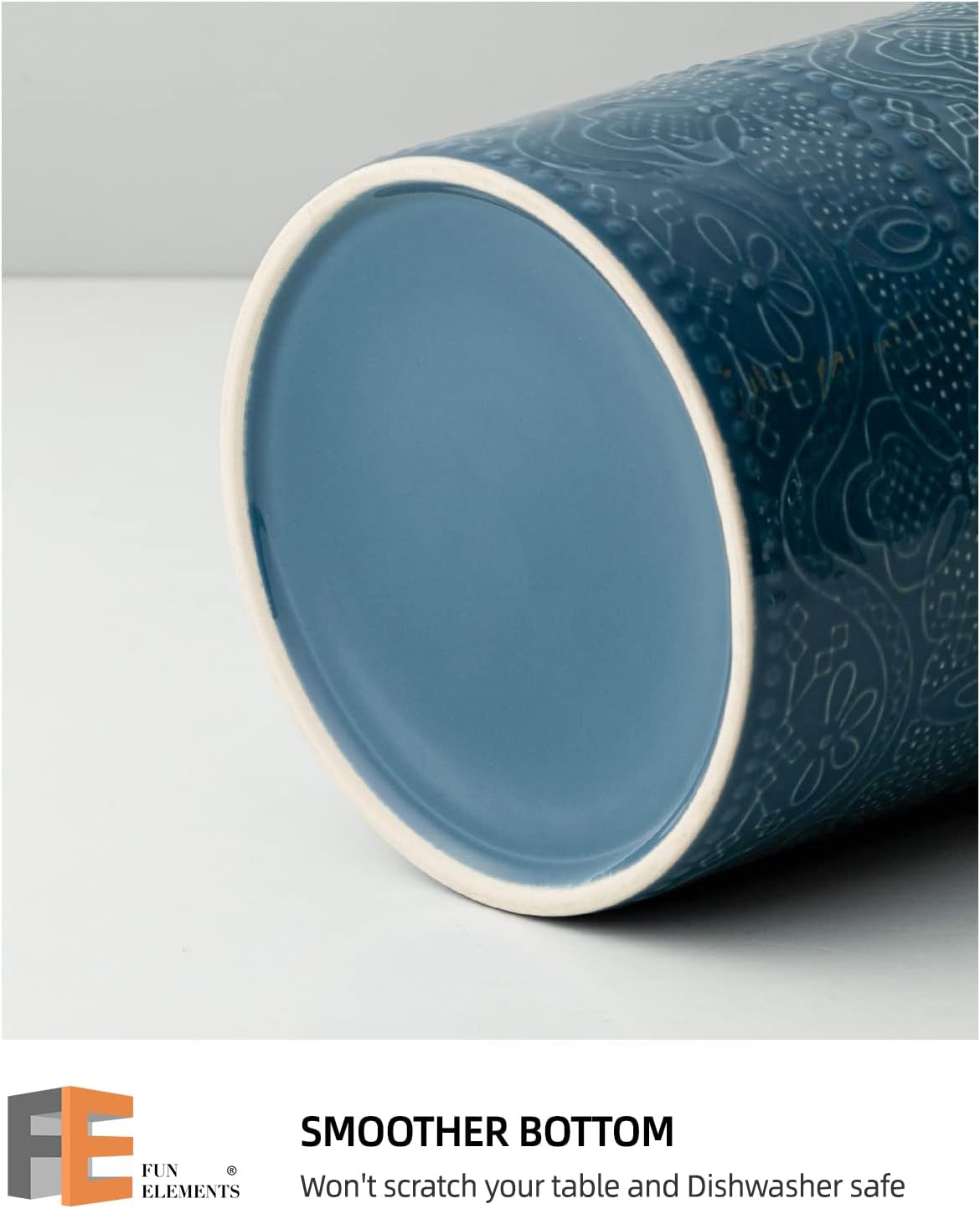 Fun Elements Kitchen Utensil Holder, 7.2" Super Large Utensil Crock Heavy and Stable Lace Emboss Ceramic Utensil Holder for Kitchen Counter (Grayish Blue)