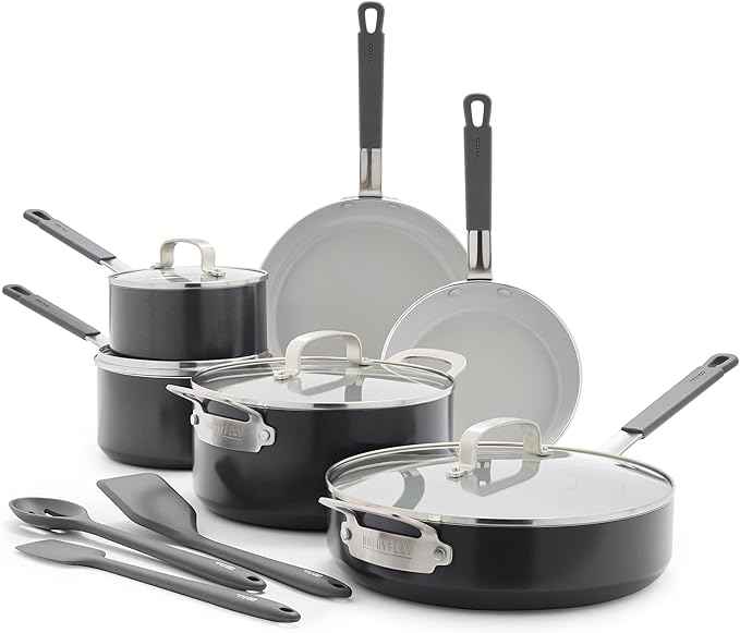 GreenPan x Bobby Flay 13 Piece Nonstick Cookware Pots and Pans Set, PFAS-Free Diamond Ceramic, Induction Suitable, Easy Clean Dishwasher & Oven Safe, Stay-Cool Silicone Handles, Glass Lids, Graphite