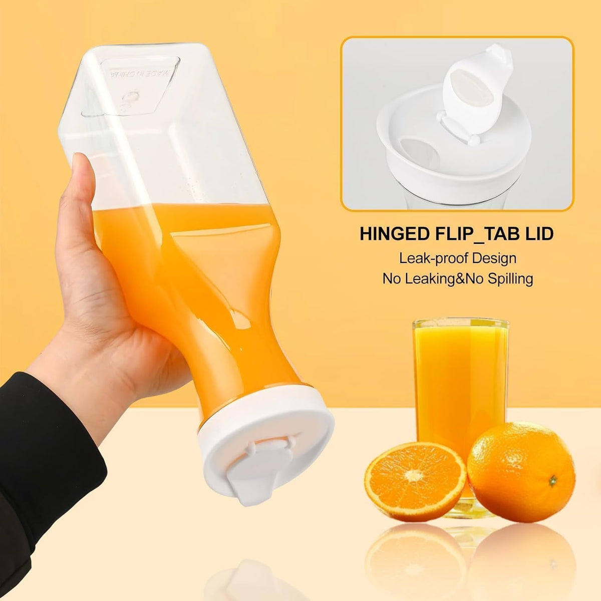 Set of 4 Plastic Carafe with Lid, 1 Liter Mimosa Bar Supplies, Large Square Base Juice Containers, Water Bottle, Milk Container, Clear Beverage Containers for Fridge