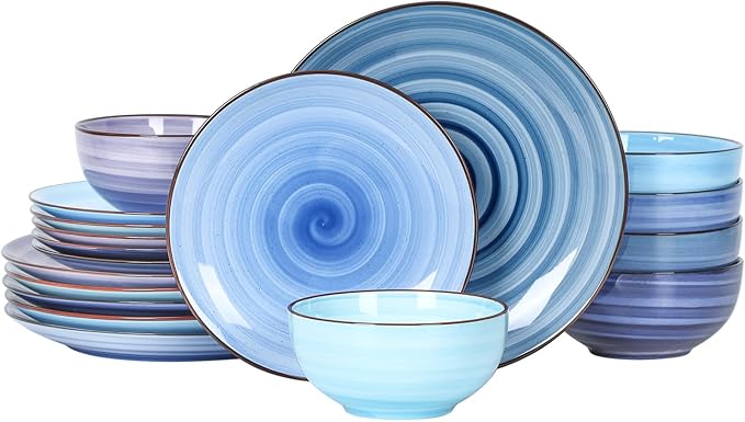 Selamica Ceramic Dinnerware Sets for 6, 18 Pieces Plates and Bowls Set, Scratch Resistant Dishes Set, Handpainted Swirl with Spot Dishwasher & Microwave Safe, Gradient Blue