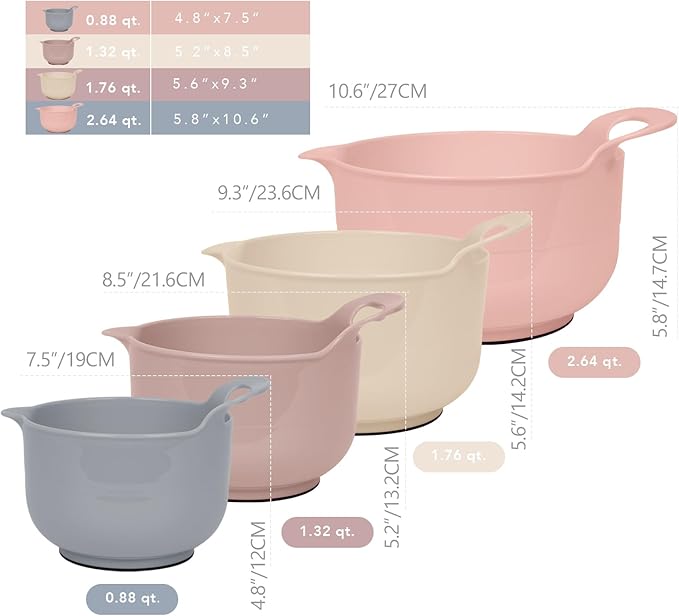 BoxedHome Nesting Plastic Mixing Bowl Set with Pour Spouts and Handles - Non Slip Bottom, BPA free Microwave & Dishwasher Safe(Khaki Pink, 4 Pack)