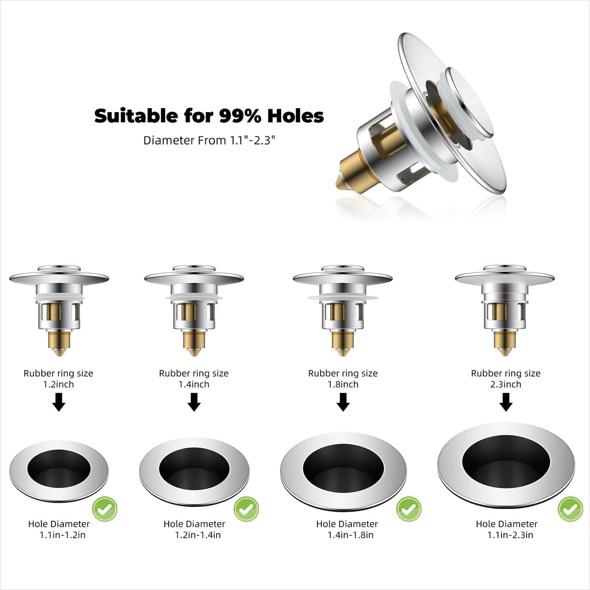 Hibbent All Metal Universal Bathroom Sink Stopper for 1.1''~2.3'' Basin, Pop Up Sink Drain Strainer, Brass Bullet Core Push Type Stopper, Stainless Steel Anti Clogging Drain Filter, Chrome
