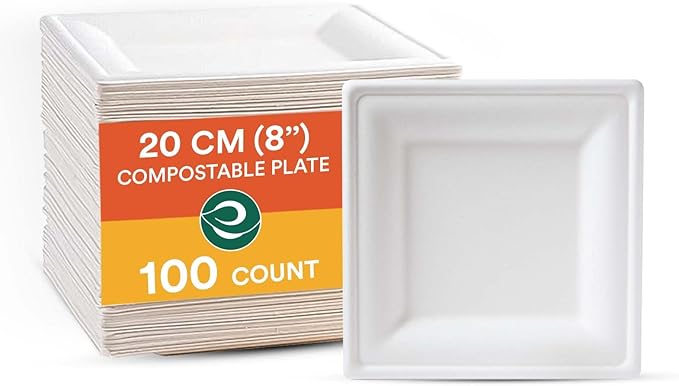 ECO SOUL Compostable Paper Plates 8 Inch (100 Count) Heavy Duty Disposable Dessert Plates, Eco-Friendly Sugarcane Bagasse Small Plates For Appetizer- White