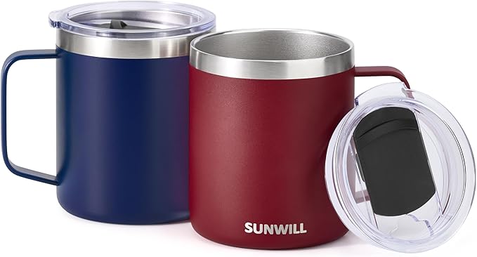 SUNWILL Travel Coffee Mug Set of 2, Insulated Tumbler with Lid, 14 oz Stainless Steel Cup with Handle for Camping, Office, Home, Powder Coated Navy Blue & Wine Red