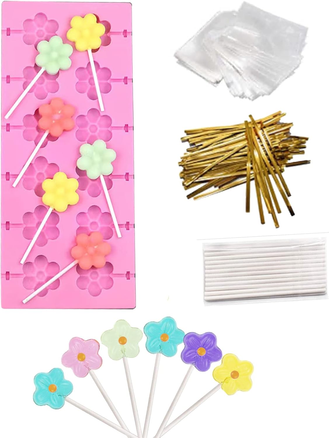 12 Capacity Silicone Lollipop Mold Set, Sucker Molds and Chocolate Hard Candy Mold with 50pcs Lollipop Sucker Sticks, Candy Treat Bags, Gold Ties. (Flower)
