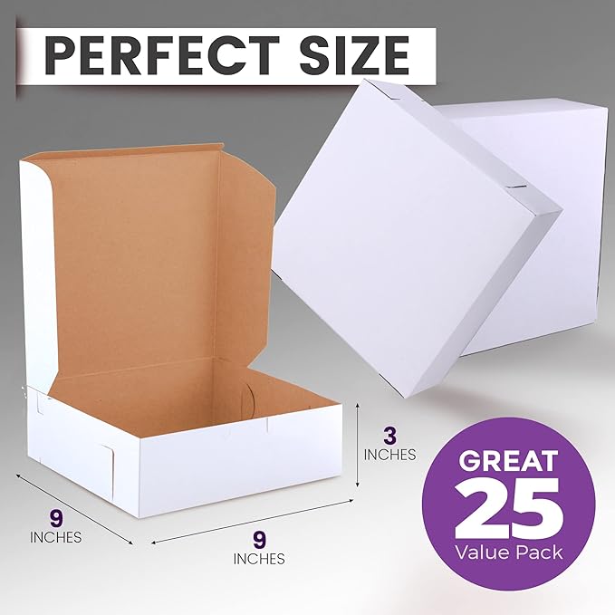 Fit Meal Prep [25 Pack] Pastry Boxes 9x9x3 White Bakery Box for Cookies, Compostable Kraft Paper Cardboard for Baked Goods Packaging, Cake, Food, Donut, Cupcake, Candy, Bread, Bridesmaid Gift Box