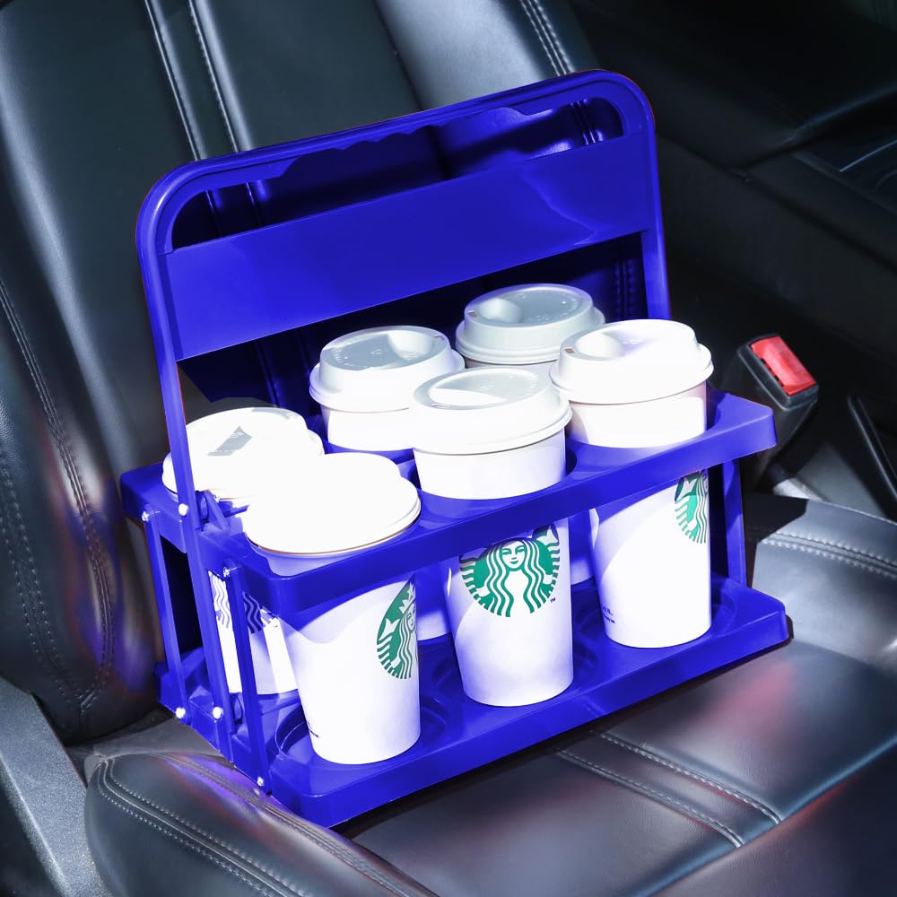 Bodaon 6 Cup Drink Carrier with Handle, Plastic Cup Holders for GrubHub/Doordash Delivery, Reusable Foldable Car Drink Caddy, Leakproof Food Delivery Accessories, 360° Secure Grip, Blue