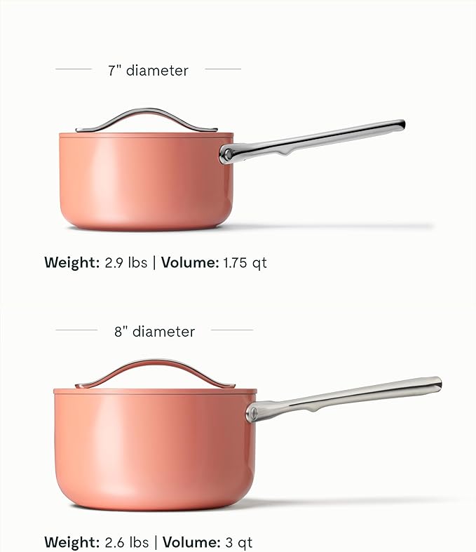 Caraway Nonstick Ceramic Sauce Pans with Lids (3 qt & 1.75 qt) - Non Toxic, PTFE & PFOA Free - Oven Safe & Compatible with All Stovetops (Gas, Electric & Induction) - Perracotta
