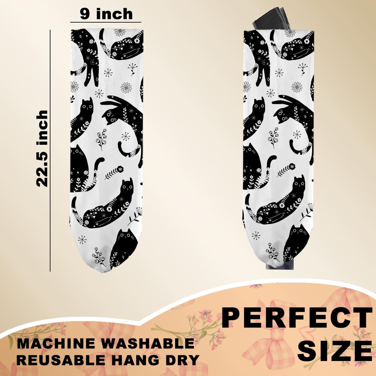 Black White Floral Cat Plastic Bag Holder, Wall Mount Grocery Bag Holder for Plastic Bags, Vibrant Cats Reusable Grocery Bags Storage Dispenser for Home Kitchen Decor, Cat Lover Gifts for Women