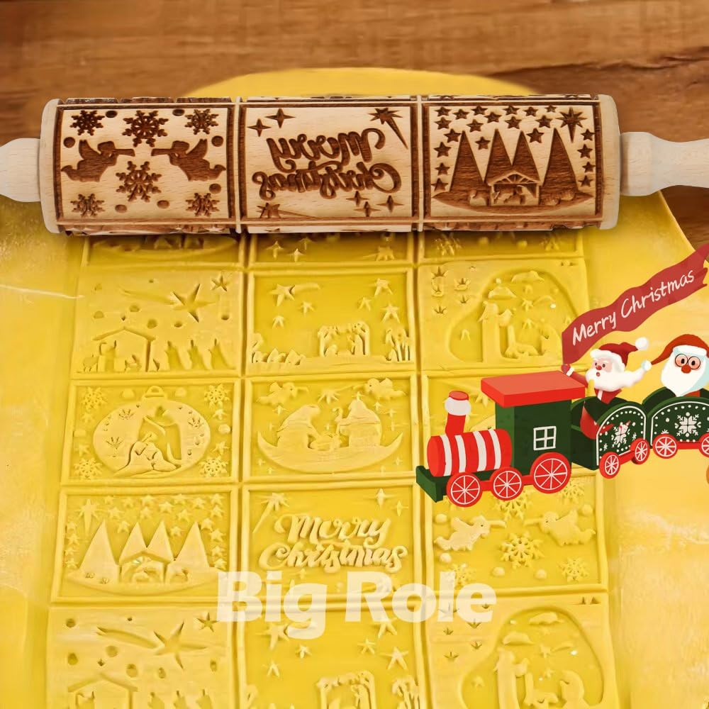 Christmas Embossed Rolling Pin for Baking Cookies Embossing Rolling Pins with Design Wooden Engraved Springerle Roller Pin Dough Patterned Clay Pottery Ceramic Bakers Women (Nativity Square Patterns)