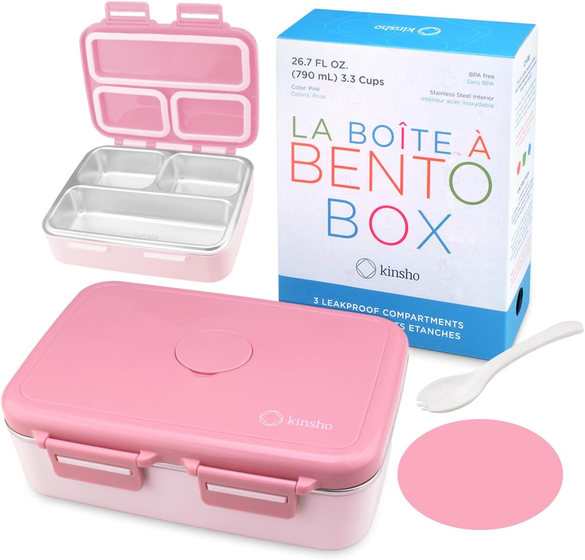 Stainless Steel Bento Box Lunch Container for Kids Adults with Removable Tray, Leakproof Silicone Seals, BPA Free 26 oz/790 mL (Pink)