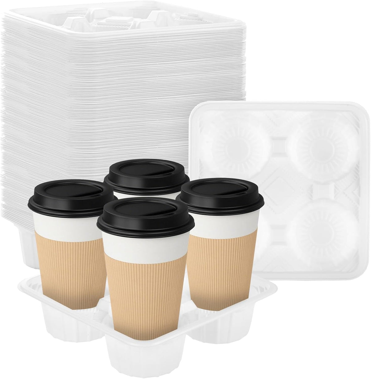 STARVAST 250PCS 4 Cup Disposable Drink Carrier Trays, PP Cup Holder for 8-32 oz Cup, Durable Drink Carrier for Hot or Cold Drinks, Uber Eats - to Go Coffee Cup Holder for Food Delivery Service,White