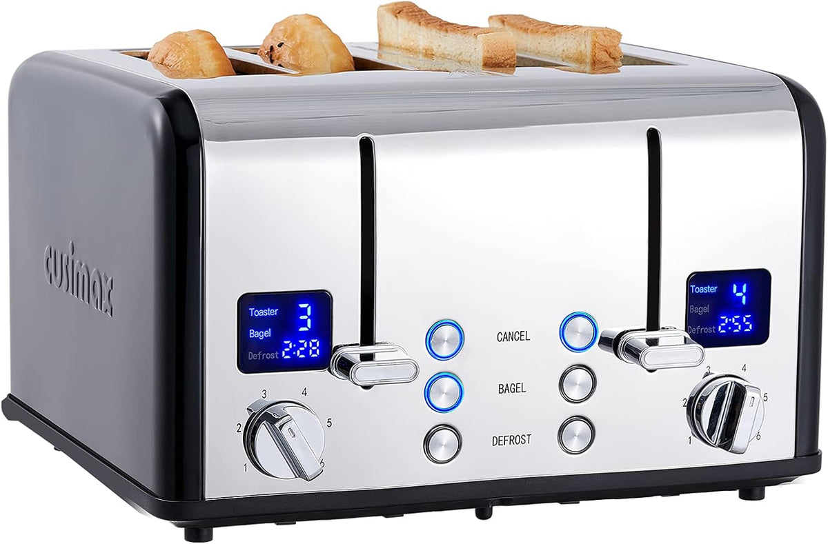 CUSIMAX 4 Slice Toaster, Stainless Steel, Ultra-Clear LED Display & Extra Wide Slots, with Dual Control Panels of 6 Shade Settings, Cancel/Bagel/Defrost Function, Removable Crumb Trays, Black