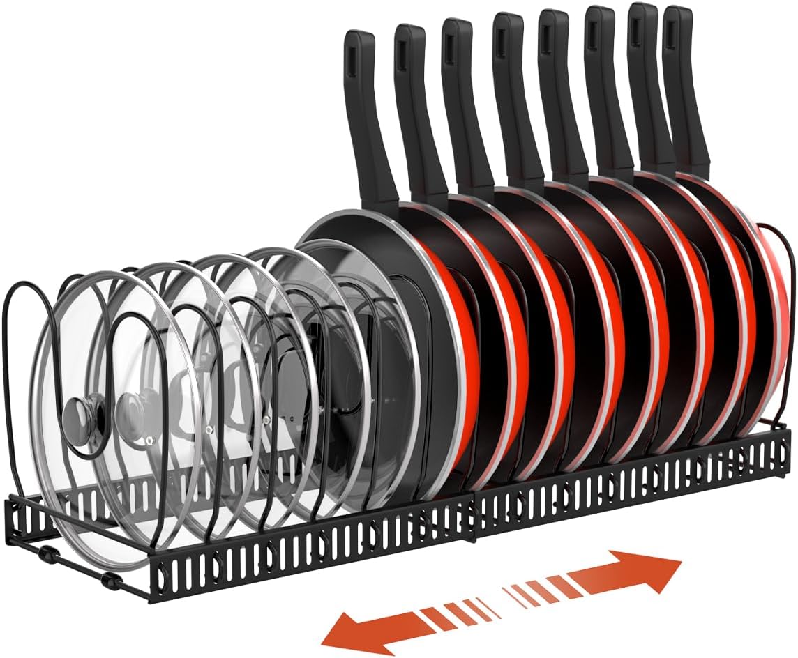 Housolution Pot and Pan Organizer Rack for Cabinet, Expandable Pot Lid Organizer Holder with 14 Adjustable Dividers, Fully Expanded Size 22.83" W x 7.09" D x 7.09" H, Black