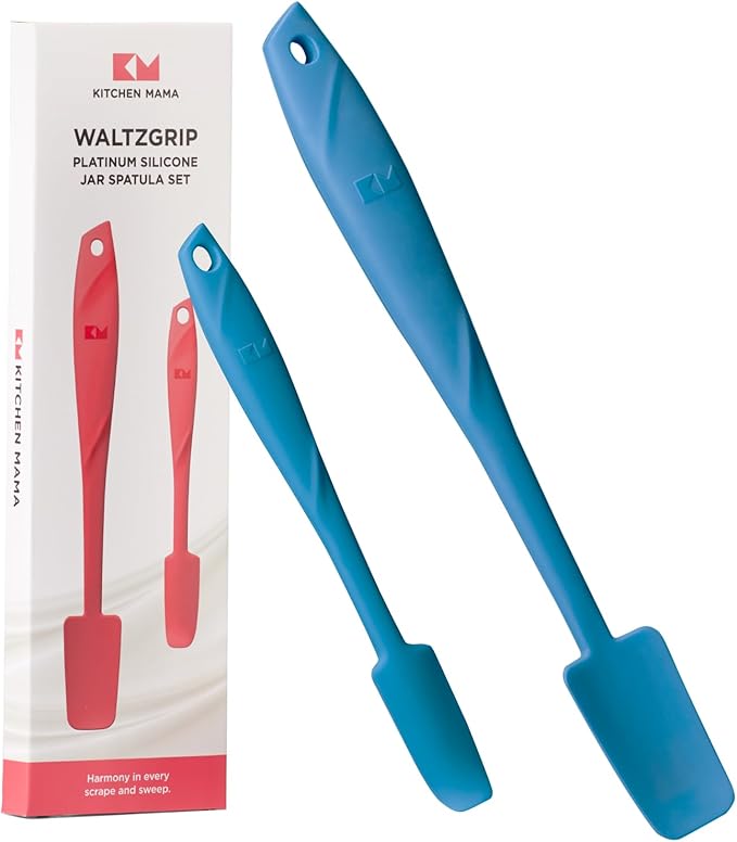 Kitchen Mama WaltzGrip Platinum Silicone Jar and Can Spatula Utensil Set: Heat-Resistant, Nonstick Scraper, Scooping, Perfect for Smoothies, Jam, Cream, Peanut Butter, Dishwasher Cooking Gadget (Blue)