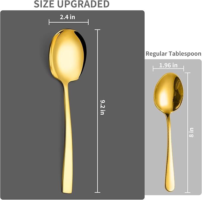 8 Piece Stainless Steel Serving Spoons Set - 8 Large Spoons, 9.2-Inch, Dishwasher Safe, for Parties/Kitchen/Buffet/Catering,Gold