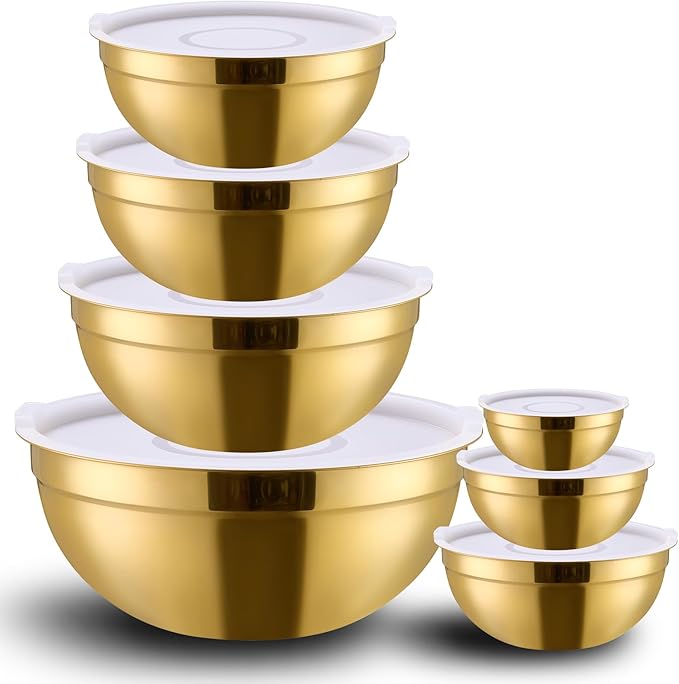 Gold Mixing Bowls with Lids Set of 7, Stainless Steel Nesting Bowl with Khaki Lid for Non-slip Mixing Prepping Storing Serving, 7 Sizes-7/3.6/2.7/2.1/1.5/1/0.8 QT