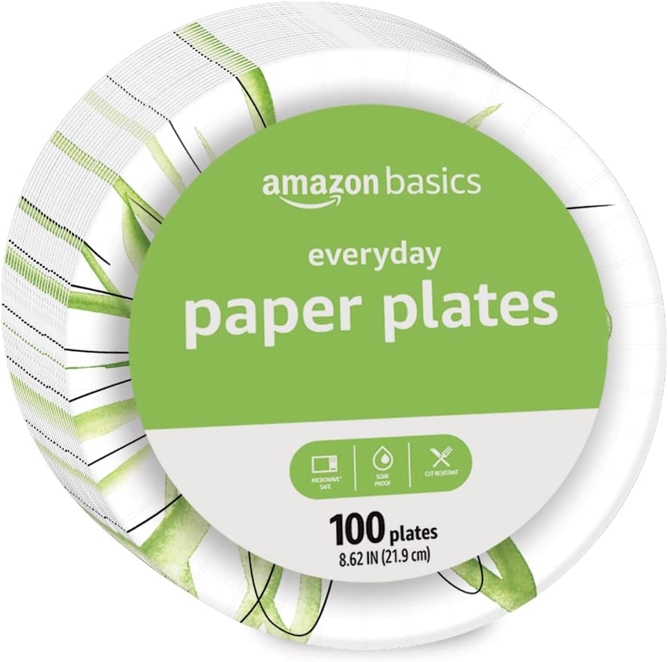 Amazon Basics Everyday Paper Plates, 8.62 Inch, Disposable, 100 Count