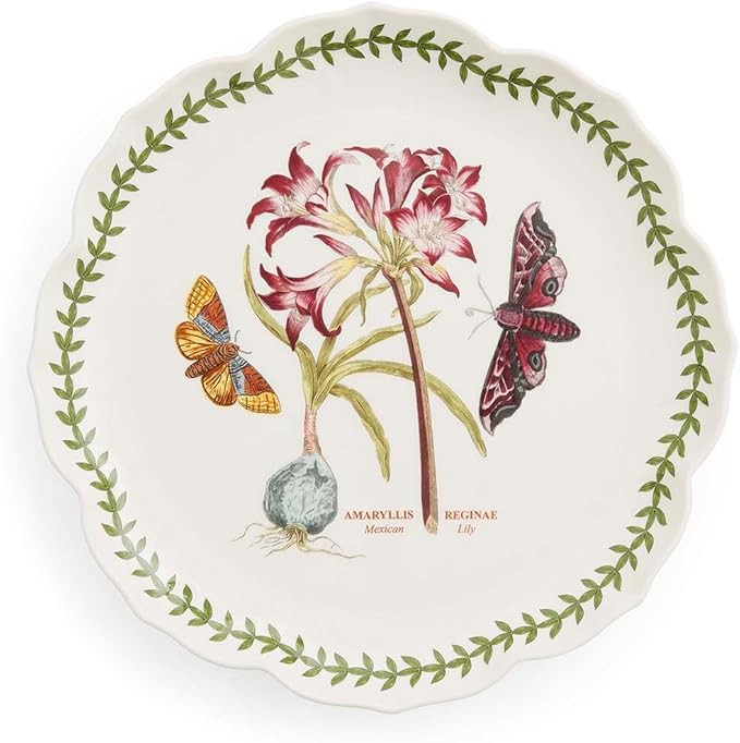 Portmeirion Botanic Garden Lotus Dinner Plate, Mexican Lily - Decorative Porcelain Dish with Butterfly Motif, 11.25" Scalloped Rim Shape for Dining or Display - Microwave, Oven & Dishwasher Safe