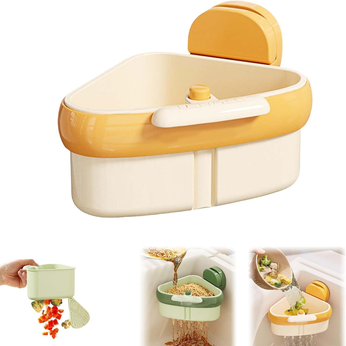 Corner Sink Strainer,2025 New Suction Cup Press Sink Strainer Basket,Automatic Dumping food Waste Catcher for Sink,Faucet Sponge Storage Rack,Corner Sink Trash Catcher for Food Waste (Yellow 1PCS)