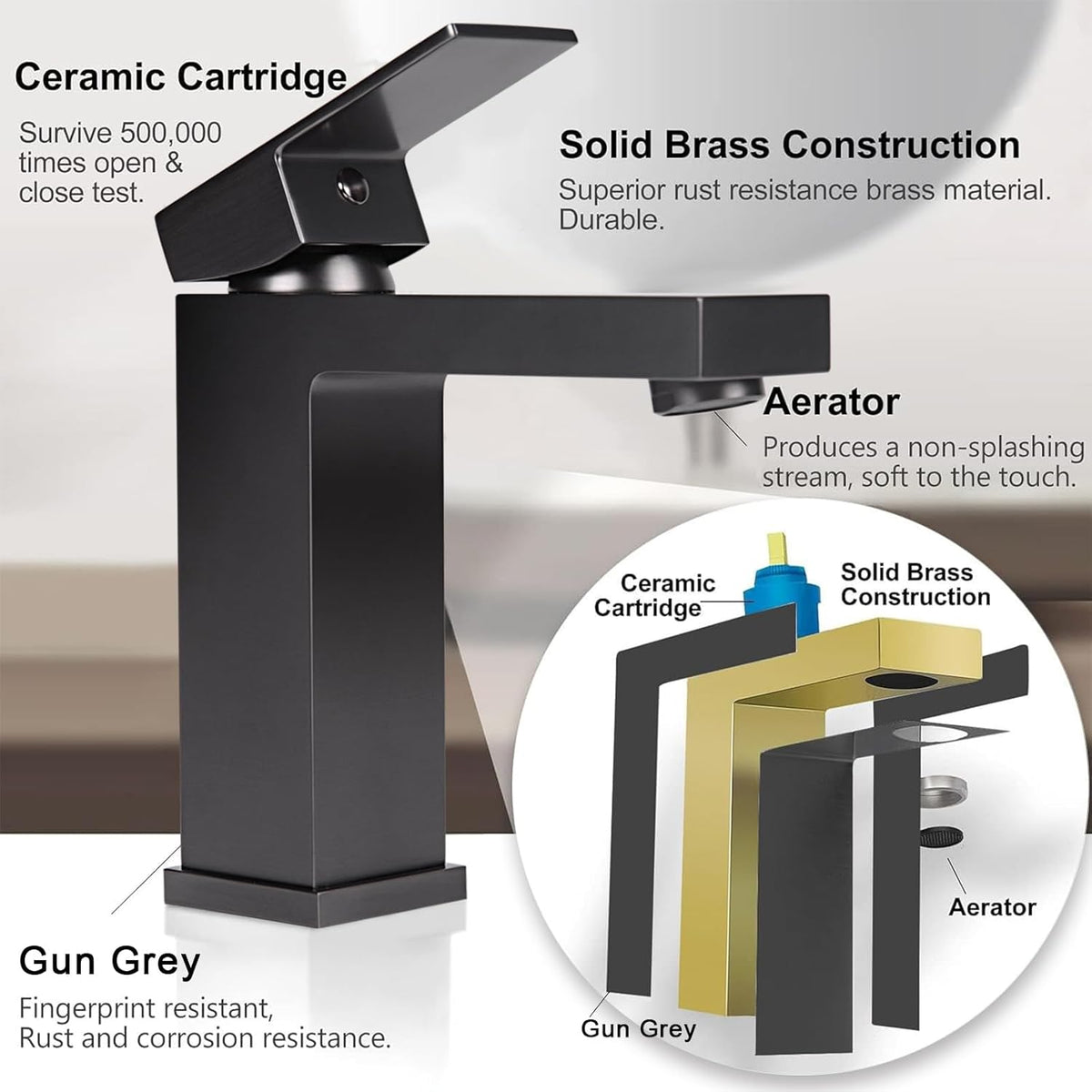 Solid Brass Brushed Grey 1 Hole Bathroom Faucet, cUPC & CEC Certified Single Hole Faucet for Bathroom Sink with Water Supply Hoses & Pop Up Drain Stopper