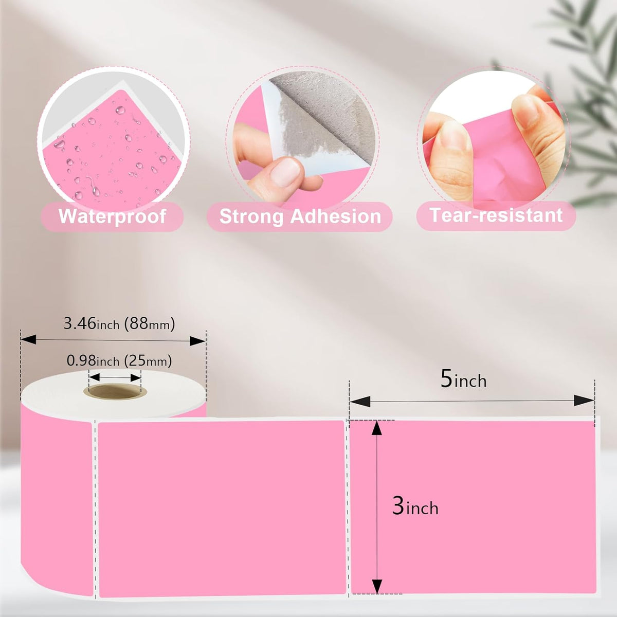 3 X 5 Inch Printable Waterproof Rectangle Color Coding Labels, 300 Per Roll Adhesive Color Coding Stickers for Bar-Codes, Address, Small Business Labeling, Inventory, Pink