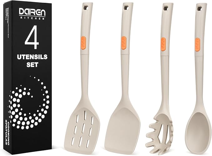 Silicone Spatulas and Spaghetti Spoons, 4 Pack Heat Resistant Full Silicone Cooking Utensils Set, Non Stick Large Kitchen Spatula Spoons for Cooking, Mixing, Serving, Draining