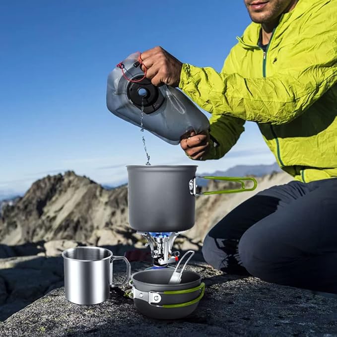 Odoland 8pcs Camping Cookware Mess Kit, Camping Pot and Pan Set with Mini Backpacking Stove, Stainless Steel Cup, Spork and Tank Bracket, Cooking Gear for Outdoor, Hiking, Picnic, Campfire