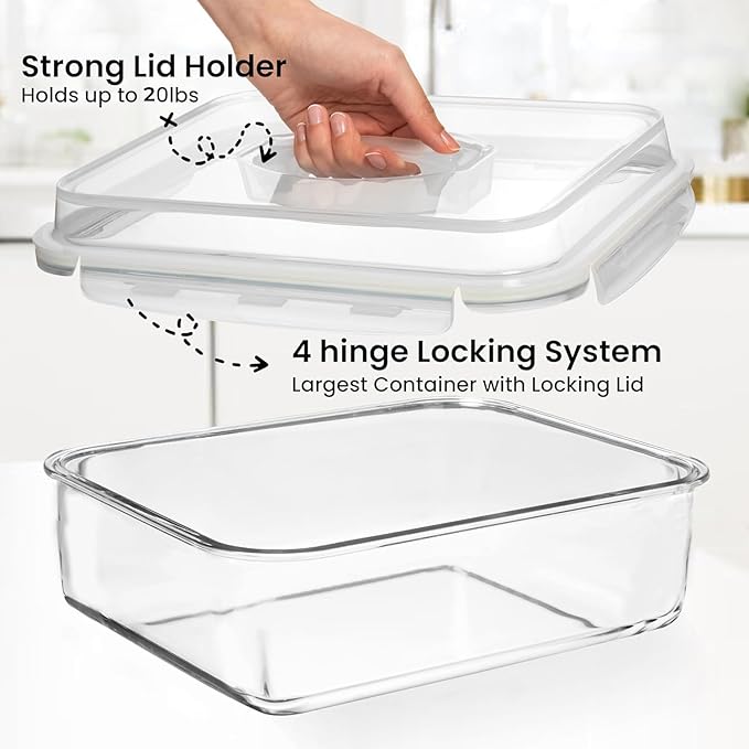 4800 ML / 163 oz / 21 Cup LARGE Glass Food Storage Container with Airtight Locking Lid. Ideal Storing food, Vegetables, Fruits. Baking Casserole, Lasagna, Roasting Turkey, Chicken BPA Free Oven Safe