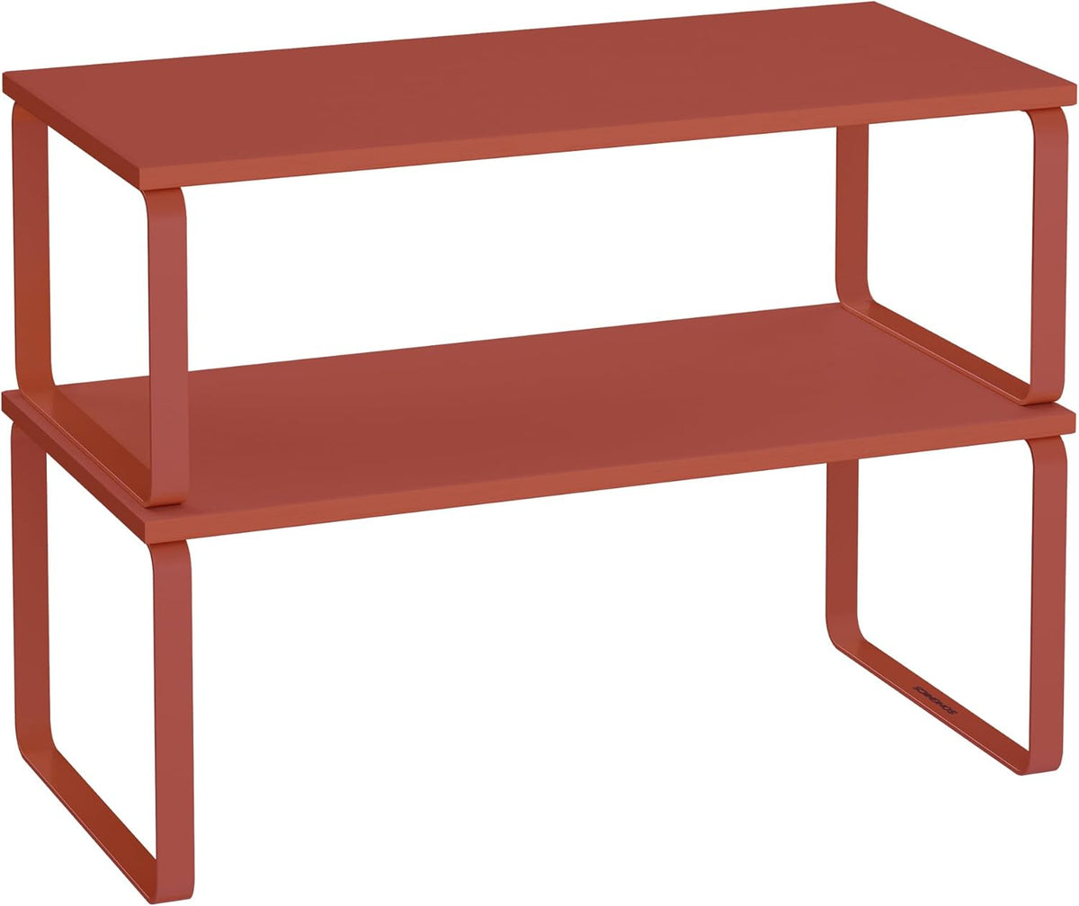 SONGMICS Cabinet Organizer Shelf, Set of 2 Kitchen Counter Shelves, Kitchen Storage, Spice Rack, Stackable, Expandable, Metal and Engineered Wood, Mandarin Red UKCS200Y02
