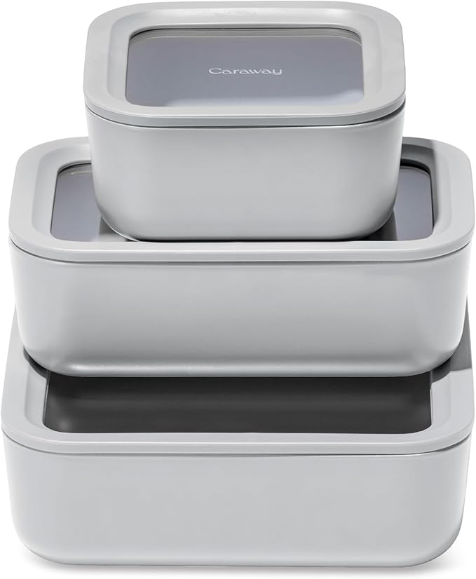 Caraway 3pc Glass Food Storage Set - 10, 6.6, & 4.4 Cup Containers - Ceramic Coated - Non-Toxic Non-Stick Lunch Box With Glass Lids - Dishwasher, Oven, & Microwave Safe - Gray