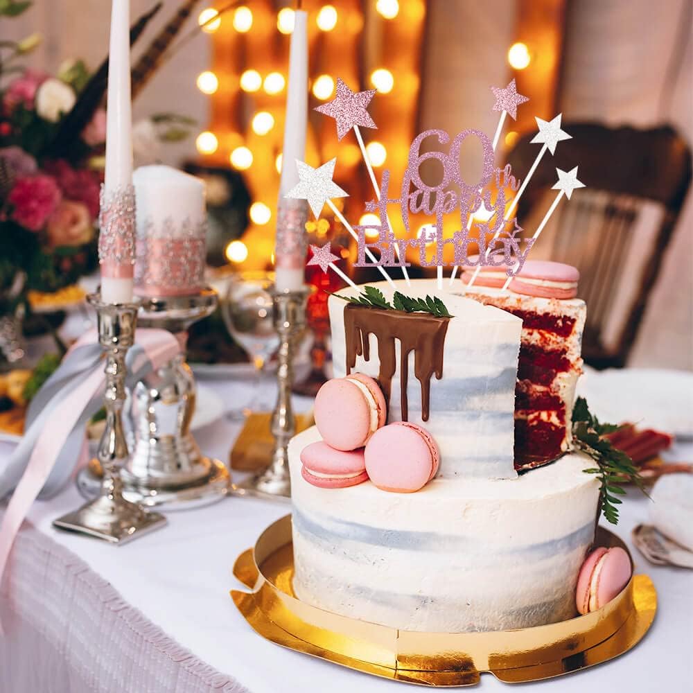 Glittery 60th Happy Birthday Cake Topper with Star,Personalised 60 Birthday Cake Toppers Party Decorations Party Supplies for Men Women Rose Gold